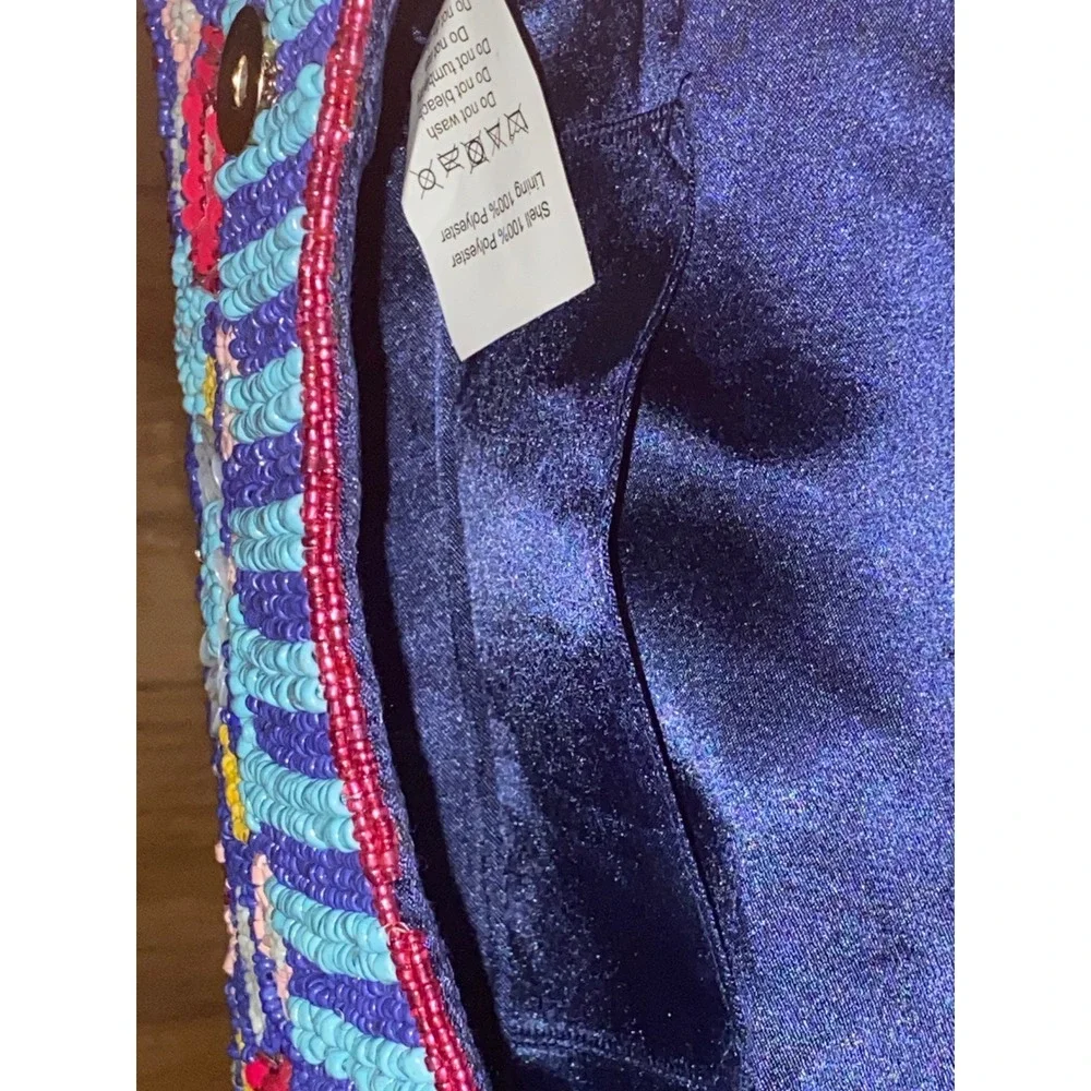 Floral Beaded Shoulder Bag Blue Pink Sequin Handcrafted Made in India NWT